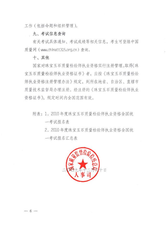 國家質量監(jiān)督檢驗檢疫總局人事司《關于2010年度珠寶玉石質量檢驗師執(zhí)業(yè)資格全國統(tǒng)一考試有關問題的通知》