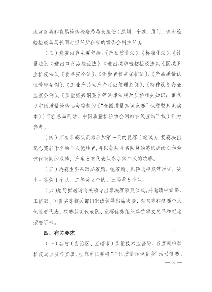 國家質(zhì)檢總局關(guān)于做好參加&ldquo;全國質(zhì)量知識競賽&rdquo;活動復賽決賽工作的通知