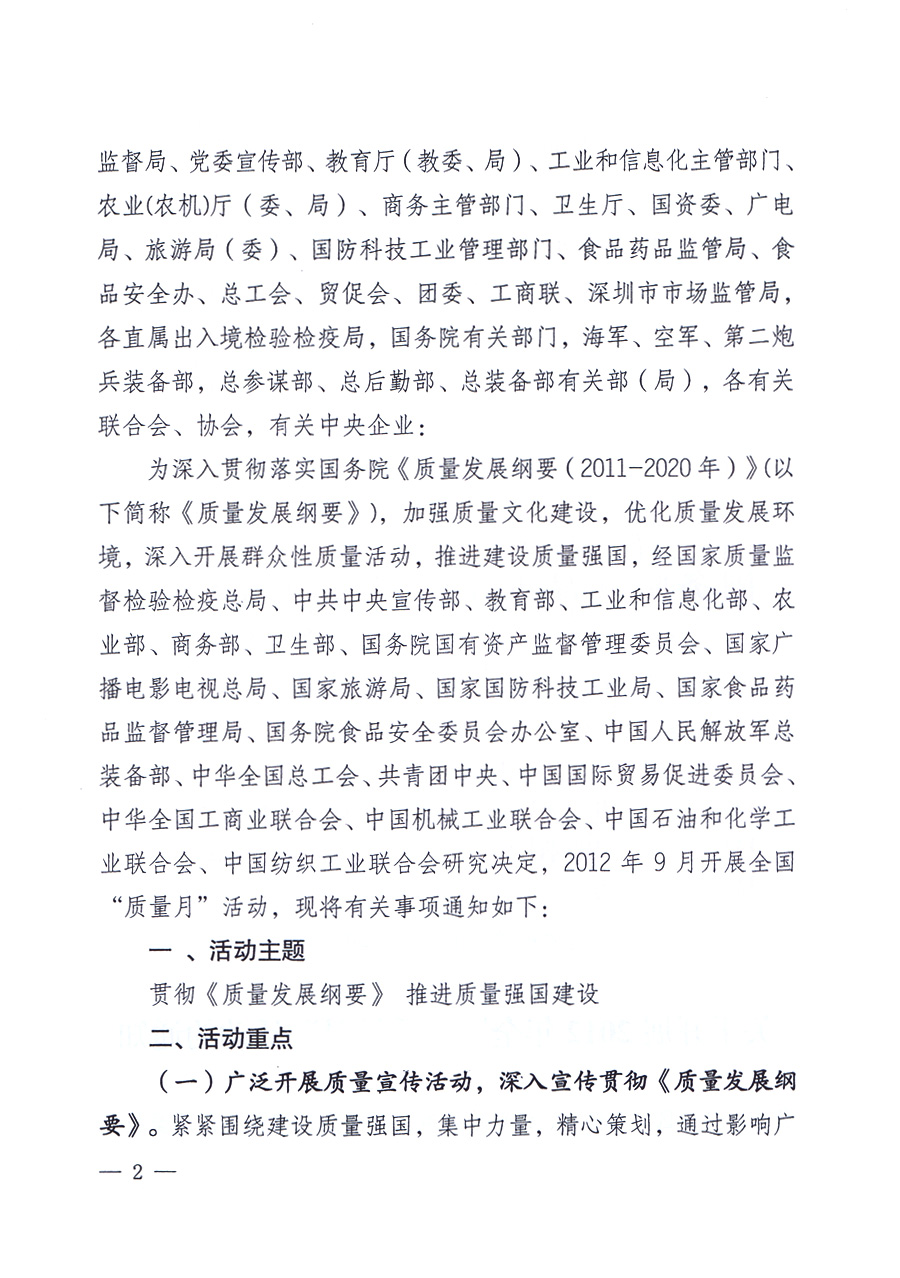 關(guān)于開展2012年全國&ldquo;質(zhì)量月&rdquo;活動的通知