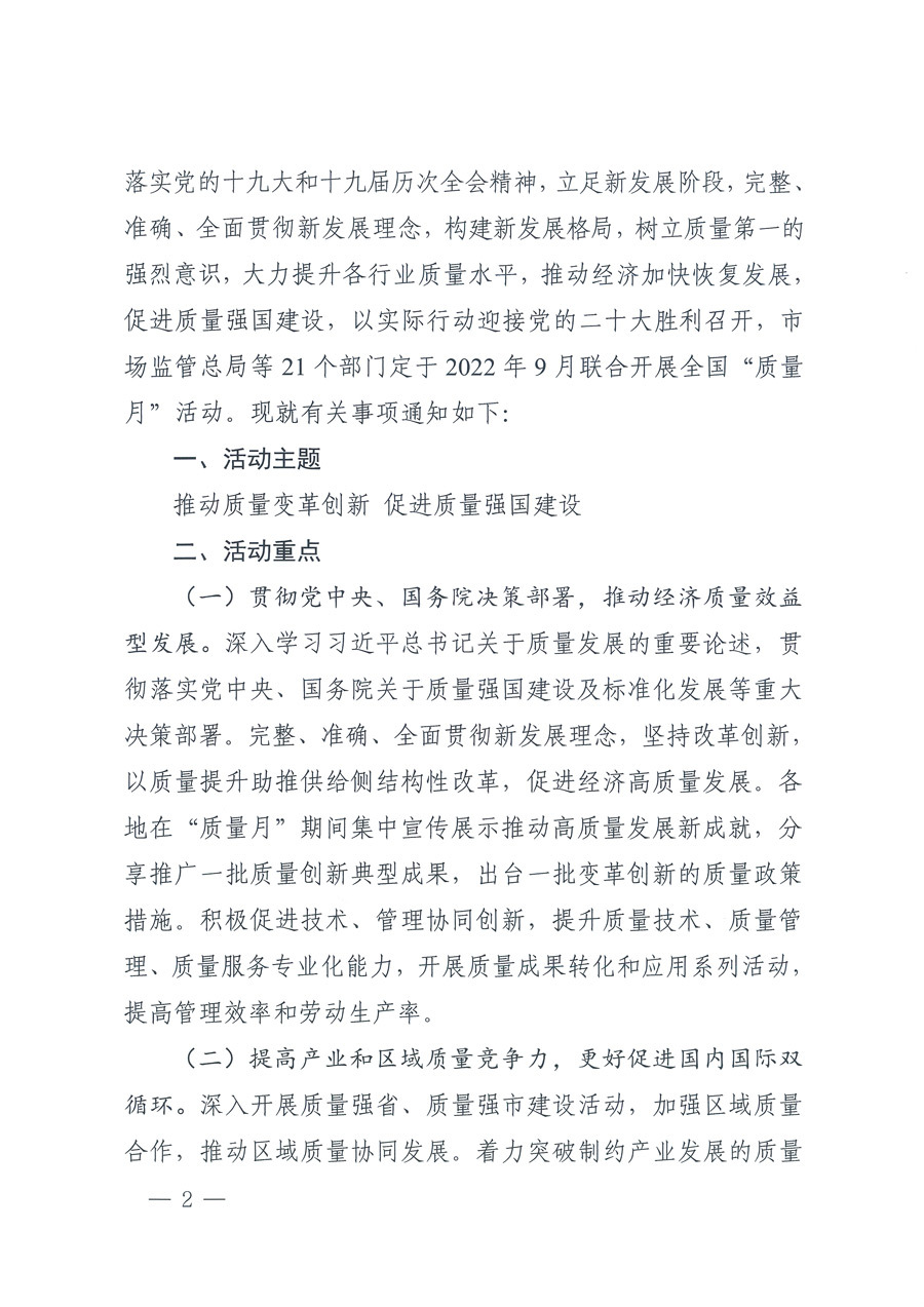 市場監(jiān)管總局等21個部委(部門)發(fā)文部署開展2022年全國“質(zhì)量月”活動(國市監(jiān)質(zhì)發(fā)〔2022〕76號)